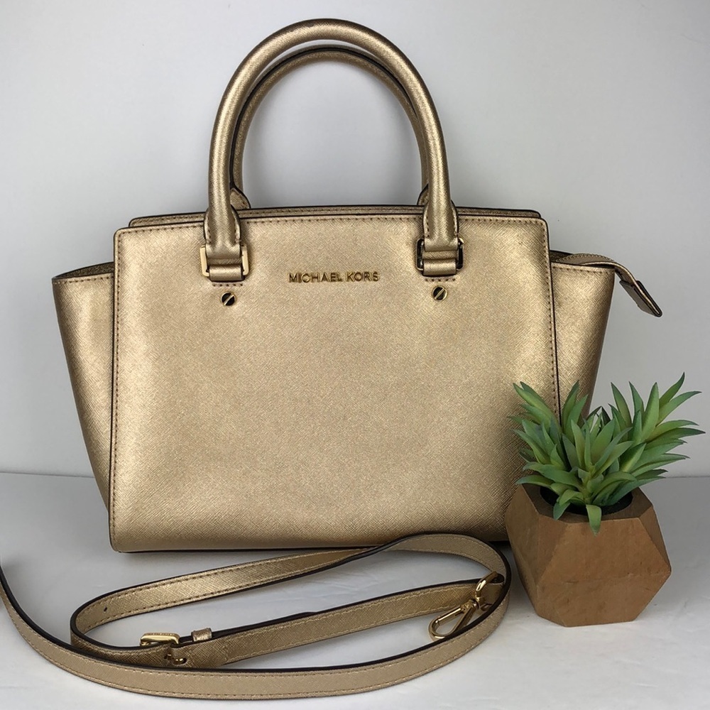 Michael Kors Selma Grommet Gold Top Zip Satchel